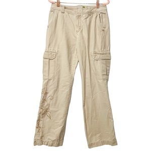 Y2K 2000s Low Rise Old Navy Khaki Cargo Pants with Embroidered Leg Detail Size 8